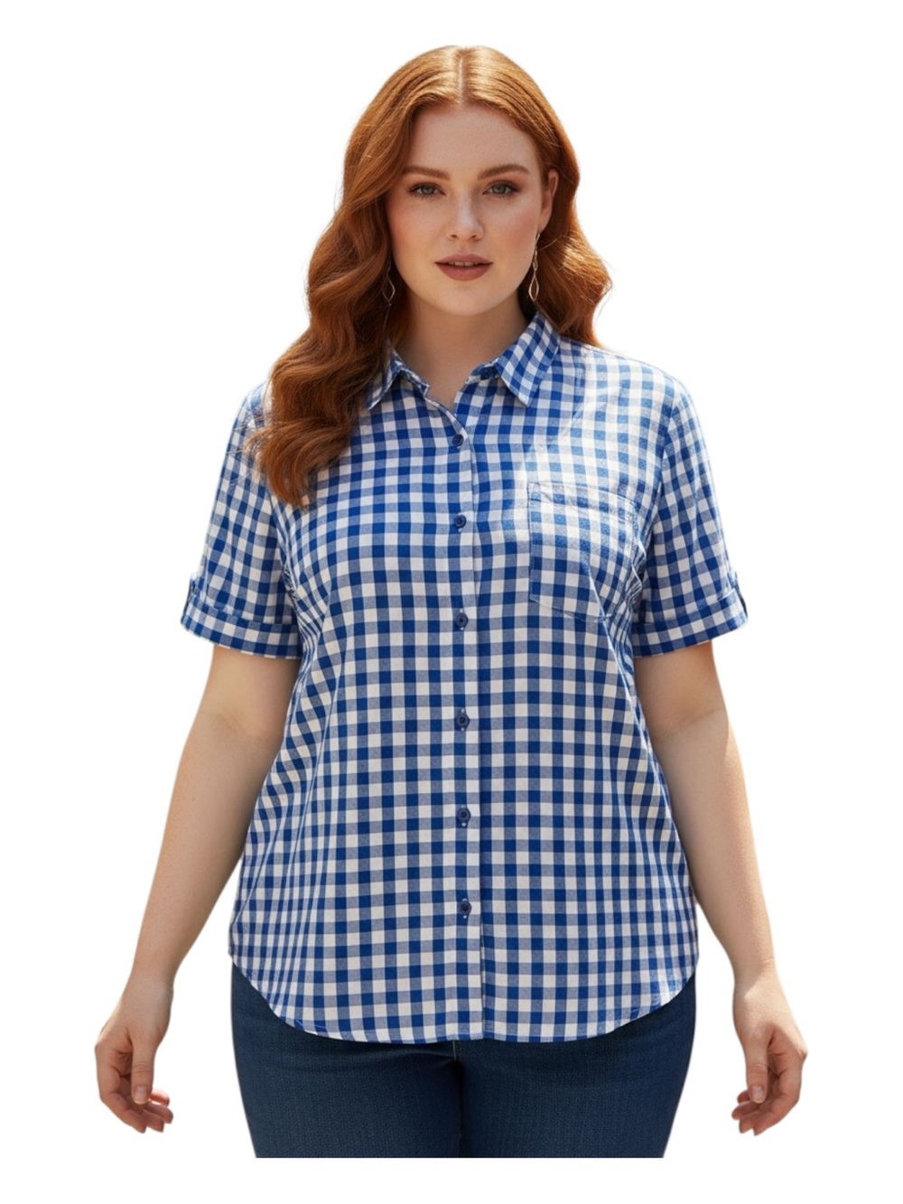 Roaman's Plus Size 20W Blue and White Gingham Button-Down Shirt